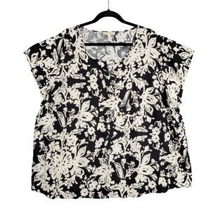CHRISTIAN SIRIANO Black Floral Linen Split Neck Popover Top Lagenlook SIZE 3X